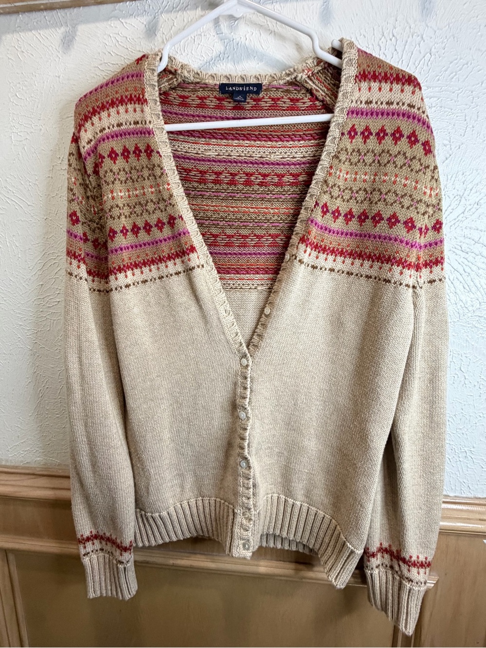 Lands End Beige Fair Isle V-Neck Cardigan Sweater